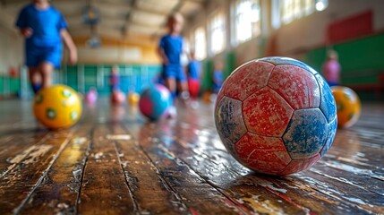 Exciting soccer class: Children practice Futsal Training, kicking soccer balls skillfully on the wooden futsal floor in the school sports hall.