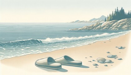 Illustration on the theme of slippers on the seashore