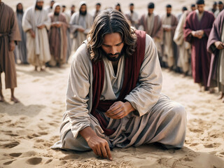 Jesus writes on the ground with his finger. Biblical scene concept, religious theme. - obrazy, fototapety, plakaty