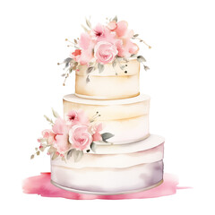 Watercolor delicate wedding cake with pink flowers isolated on white background.