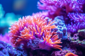 Naklejka na ściany i meble Underwater coral colony in the sea. Underwater scene background of beautiful coral reef with bright and colorful corals, sea anemone, actiniaria.
