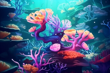 Fototapeta na wymiar Illustration of landscape of coral reef colony in the sea. Underwater scene background with corals, sea anemone, actiniaria tropical fishes. Concept of climate change and ocean acidification on marine
