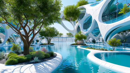 Futuristic Green Oasis, Urban Nature Resort. Sustainable City Planning, Wellbeing Hospitality Services, Innovative Spa Resort, Smart Architecture. Big City Dweller Getaway, Rooftop Park, Paradise. 