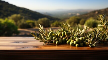 in front of empty brown wood table with blurred olive field background