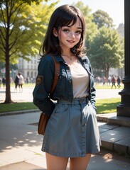 Fototapeta premium A brunette schoolgirl walks in the park, smiling with her hands behind her back. Generative AI.