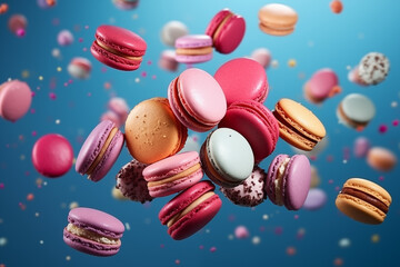 Different types of macaroons in motion falling on a colorful background. Colorful macarons biscuits float in the air on a pastel blue background. Surreal sweet food aesthetic concept. 
