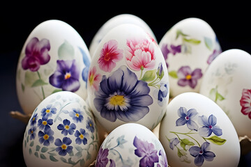 Beautiful white Easter eggs painted with delicate pink and purple flowers in front of dark background
