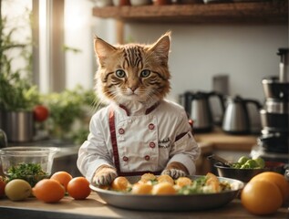 Cute cat chef cooking food. AI Generated. - obrazy, fototapety, plakaty