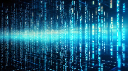Obraz premium Cascade of cyan binary code, ones and zeros flow like a waterfall, digital information, 