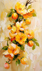 Painting of a branch of a blossoming tree with tangerines.