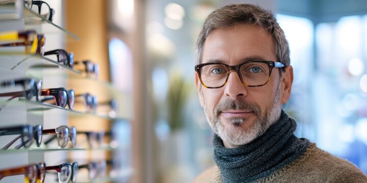 Middle aged customer man choosing pair of trendy stylish glasses
