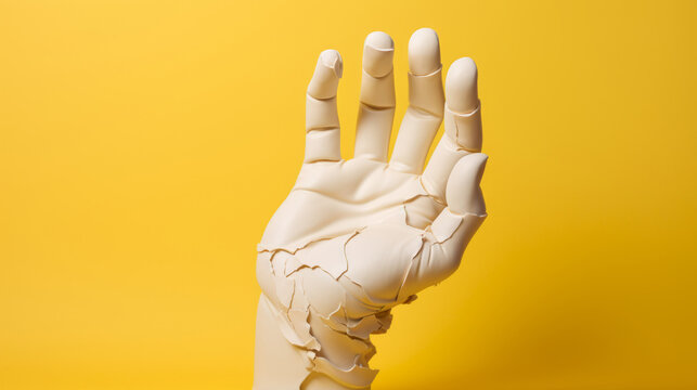 Broken hand made of concrete. Pieces fly apart. Arm in style of modern art  on yellow background