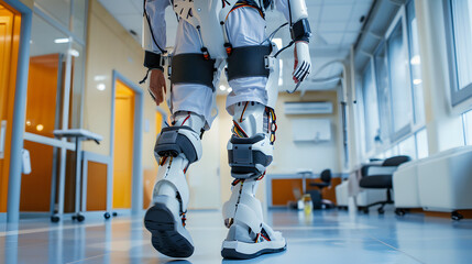 An exoskeleton robotic suit being used for rehabilitation in a medical center. - obrazy, fototapety, plakaty