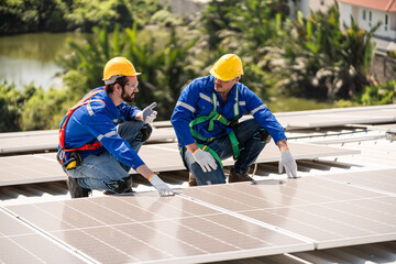 Men technicians carrying photovoltaic solar modules on the factory roof. Engineers in helmets...