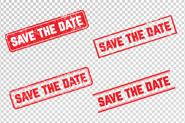 Set of Save the date stamp. Red grunge rubber stamp with text Save the date on transparent background. Eps 10 vector illustration.