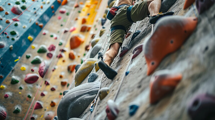 An indoor rock climbing session focusing on a climbers strength and agility. - obrazy, fototapety, plakaty