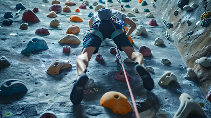 An indoor rock climbing session focusing on a climbers strength and agility. - obrazy, fototapety, plakaty