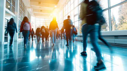 Blurred students walking in school hallway, busy campus life.
