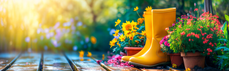 Yellow boots with flowers in garden, spring time gardening concept.
