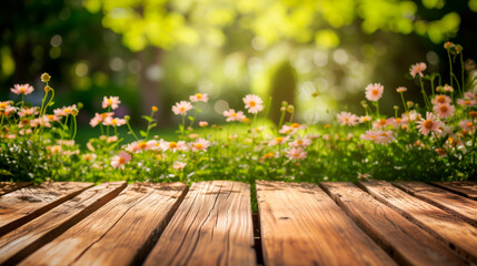 Naklejka na ściany i meble Wooden deck overlooking a vibrant garden, perfect summer or spring gardening wallpaper. Shallow field of view. 