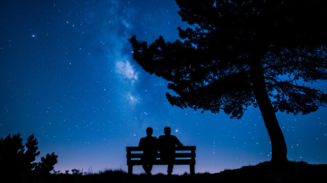 Silhouetted couple on bench under starry sky.
