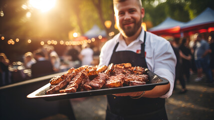 Waiter or chef holding a tray with grilled meat or fried ribs on a beautiful background. - obrazy, fototapety, plakaty