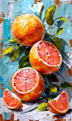 Still life with orange on a blue background. Oil color illustration.