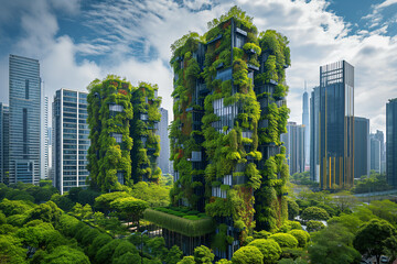 Buildings covered with green plants and vertical gardens in smart city. Eco-friendly sustainable architecture, ecological construction, habitat preservation, reducing carbon emission footprint concept