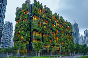 Building covered with green plants and vertical gardens in smart city. Eco-friendly sustainable architecture, ecological construction, habitat preservation, reducing carbon emission footprint concept