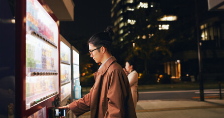 Vending machine, man and phone payment at night, automatic digital purchase or choice in city...