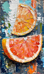 Oil painting on canvas. Slices of orange and grapefruit on canvas.