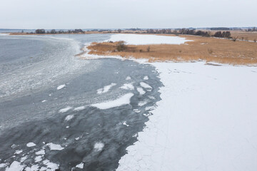 Frozen Lake Dabie in Poland in winter, rural landscape from a drone in winter.