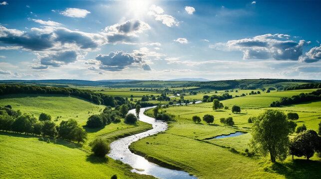a river running through a lush green countryside under a blue sky with clouds above it and a sunlit valley below, generative ai