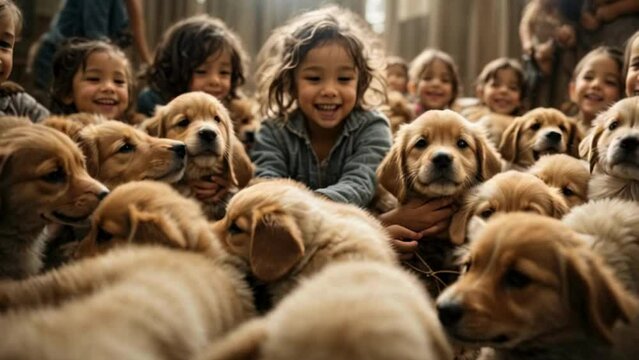 children with cute puppies