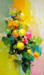 Abstract oil painting on canvas, multicolored flowers.