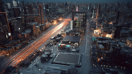 Fototapeta na wymiar Bid data City. Big data is moving in the city. Smart futuristic urban tech atmosphere