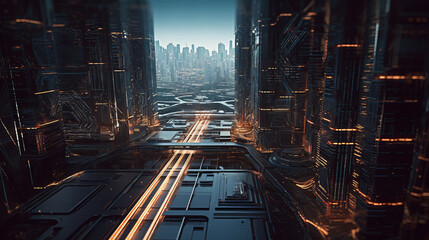 Bid data City. Big data is moving in the city. Smart futuristic urban tech atmosphere - obrazy, fototapety, plakaty