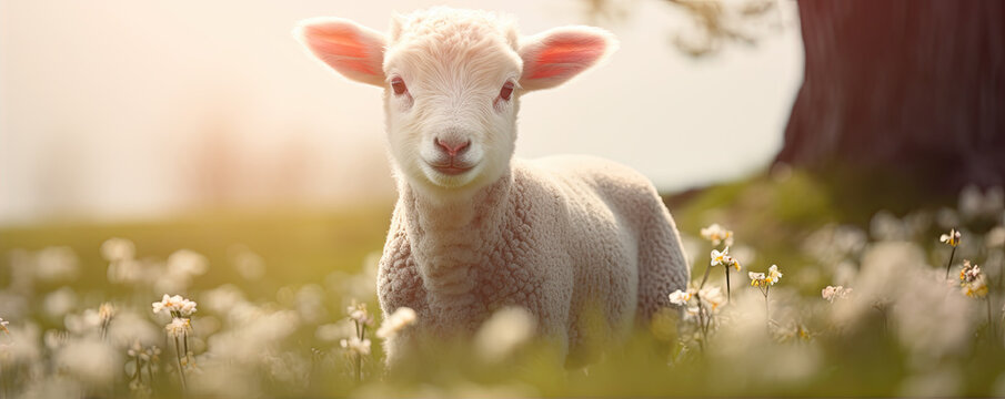 Spring Lambs portrait. Sheep on green farm with flowers background.