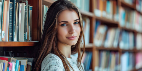 Beautiful female student in library ready for learning