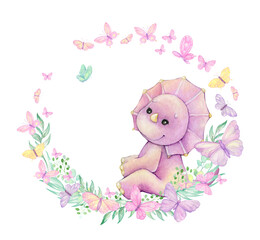 cute dinosaur surrounded by butterflies, framed by plants. watercolor cartoon-style clipart on an isolated background.