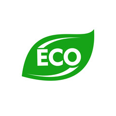 A green leaf with the inscription eco-icon for eco-friendly products. Vector illustration