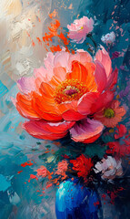 Oil painting of peony flower on canvas. Modern Impressionism
