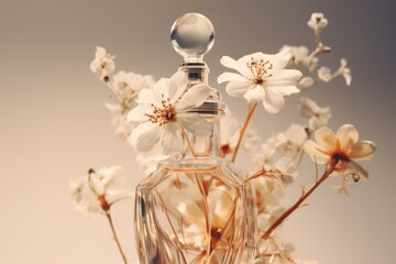 glass perfume bottle on a light neutral background with beige spring flowers. Concept of spring floral women's perfume