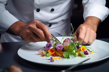 Obraz na płótnie Canvas hands of a professional chef who decorates a gourmet vegetarian dish in a restaurant
