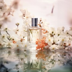 Obraz na płótnie Canvas glass perfume bottle on a reflective water surface with beige spring flowers. Concept of spring floral women's perfume