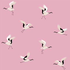 Seamless trendy pattern with japanese crane. Flying bird.