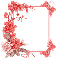 Red flower bouquet and leaf on red frame with line for wedding invitation card, GenerativeAI