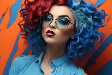 Fototapeta premium Fashion portrait of a beautiful young woman with blue hair and sunglasses.
