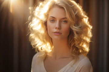 Portrait of a woman with developing blond hair in which the rays of the sun shimmer.