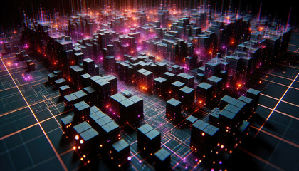 Futuristic Digital Cityscape with Glowing Lights